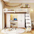Full Loft Bed with Storage Staircase, Built-In Dressing Table with Mirror and Drawer, Wardrobe