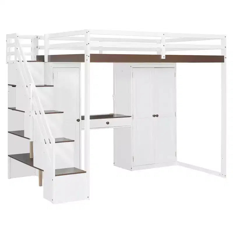 Full Loft Bed with Storage Staircase, Built-In Dressing Table with Mirror and Drawer, Wardrobe