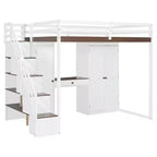 Full Loft Bed with Storage Staircase, Built-In Dressing Table with Mirror and Drawer, Wardrobe