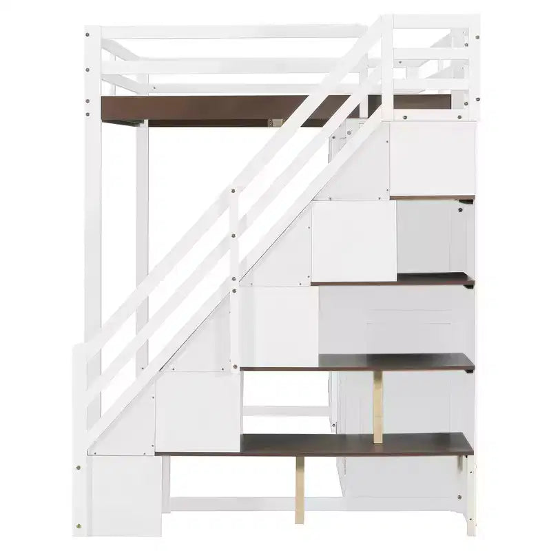 Full Loft Bed with Storage Staircase, Built-In Dressing Table with Mirror and Drawer, Wardrobe