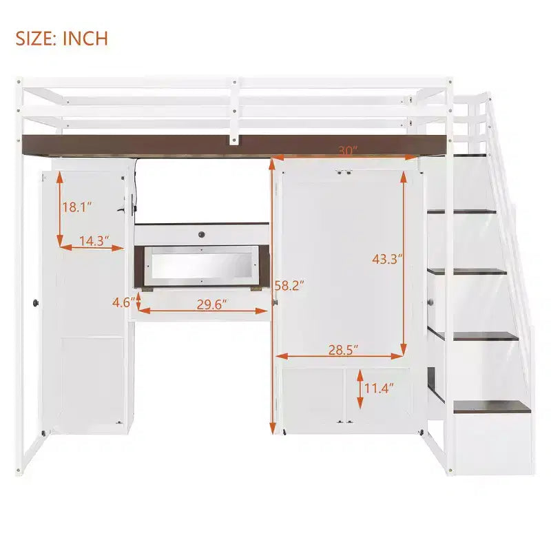 Full Loft Bed with Storage Staircase, Built-In Dressing Table with Mirror and Drawer, Wardrobe