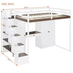 Full Loft Bed with Storage Staircase, Built-In Dressing Table with Mirror and Drawer, Wardrobe