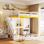 Full Loft Bed with Storage Staircase, Built-In Dressing Table with Mirror and Drawer, Wardrobe