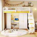 Full Loft Bed with Storage Staircase, Built-In Dressing Table with Mirror and Drawer, Wardrobe