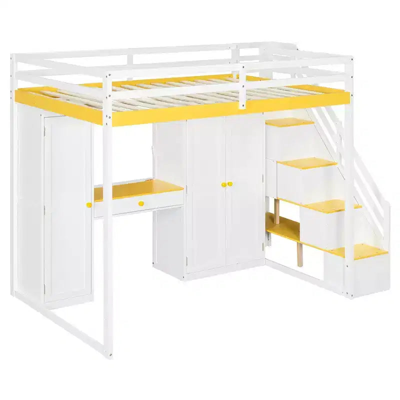Full Loft Bed with Storage Staircase, Built-In Dressing Table with Mirror and Drawer, Wardrobe