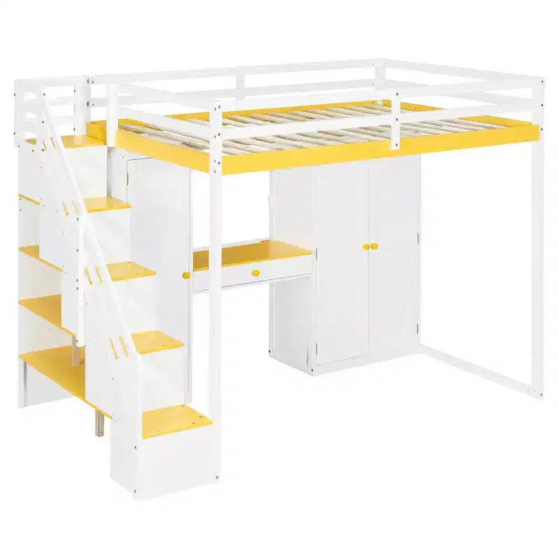Full Loft Bed with Storage Staircase, Built-In Dressing Table with Mirror and Drawer, Wardrobe