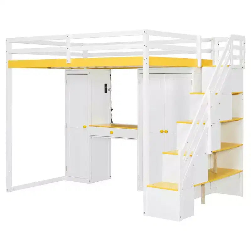 Full Loft Bed with Storage Staircase, Built-In Dressing Table with Mirror and Drawer, Wardrobe