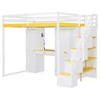 Full Loft Bed with Storage Staircase, Built-In Dressing Table with Mirror and Drawer, Wardrobe