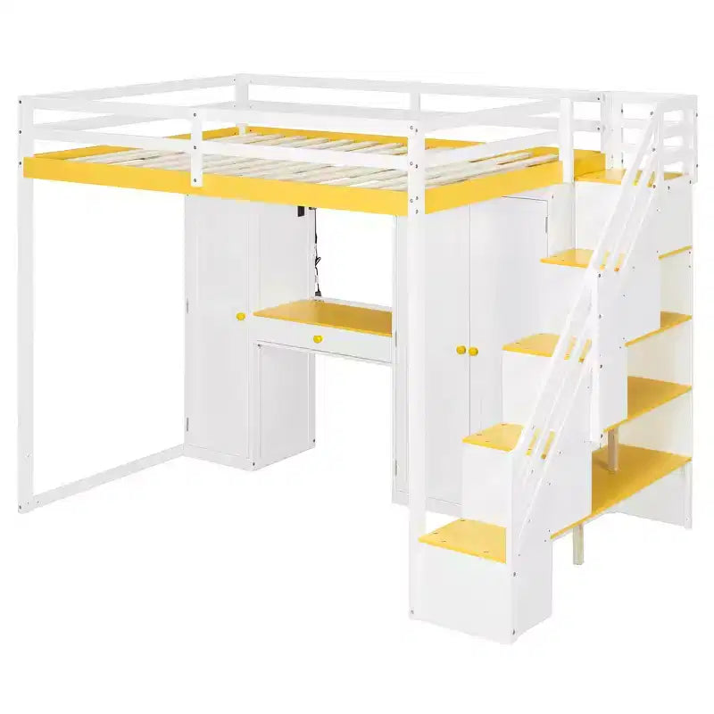 Full Loft Bed with Storage Staircase, Built-In Dressing Table with Mirror and Drawer, Wardrobe