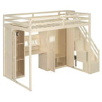 Full Loft Bed with Storage Staircase, Built-In Dressing Table with Mirror and Drawer, Wardrobe