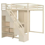 Full Loft Bed with Storage Staircase, Built-In Dressing Table with Mirror and Drawer, Wardrobe