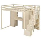 Full Loft Bed with Storage Staircase, Built-In Dressing Table with Mirror and Drawer, Wardrobe