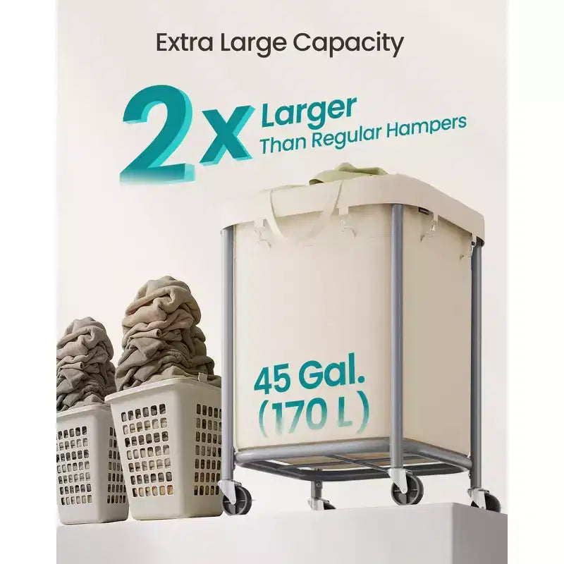 45-Gallon (170 L) Laundry Basket with Wheels, with Steel Frame and Removable Bag, 2 Locking Wheels, Cream White and Metallic Silver