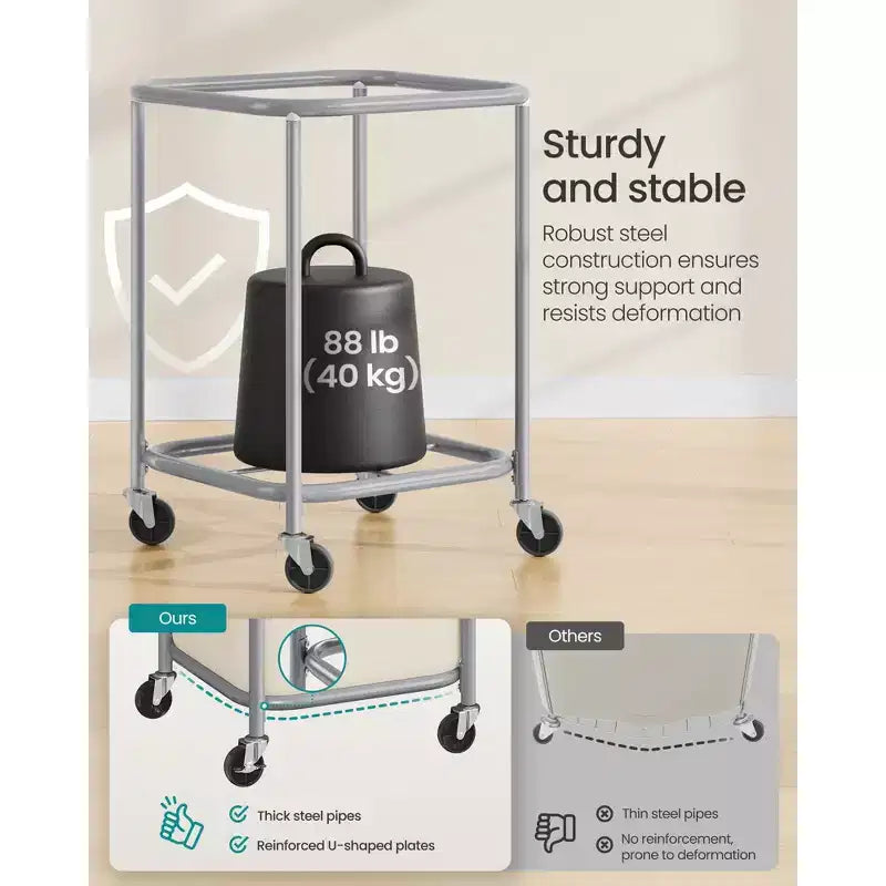 45-Gallon (170 L) Laundry Basket with Wheels, with Steel Frame and Removable Bag, 2 Locking Wheels, Cream White and Metallic Silver