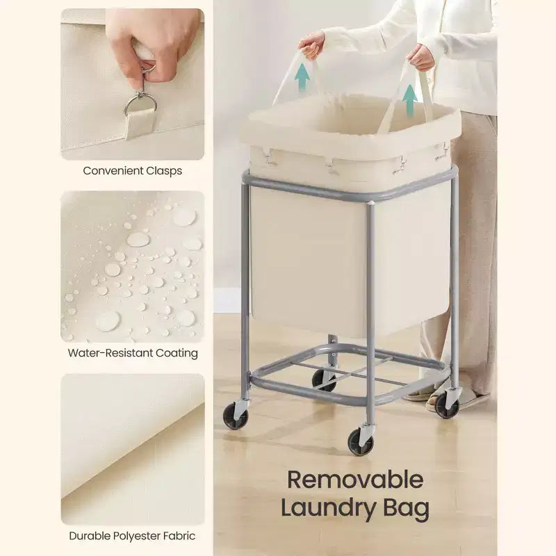 45-Gallon (170 L) Laundry Basket with Wheels, with Steel Frame and Removable Bag, 2 Locking Wheels, Cream White and Metallic Silver