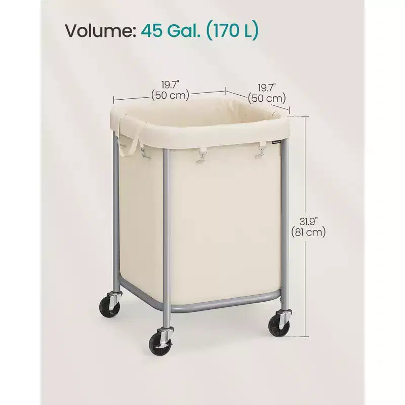 45-Gallon (170 L) Laundry Basket with Wheels, with Steel Frame and Removable Bag, 2 Locking Wheels, Cream White and Metallic Silver