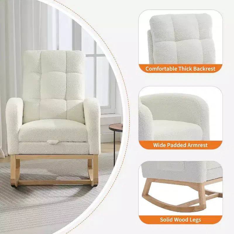 Modern Nursery Upholstered Rocking Chair,Boucle Glider Chair Nursery Chair with High Back,Rocking Accent Armchair, for Living Room, Beige