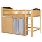 Full/Twin Loft Bed with LED Headboard, Wardrobe & Double-Door Storage Cabinet