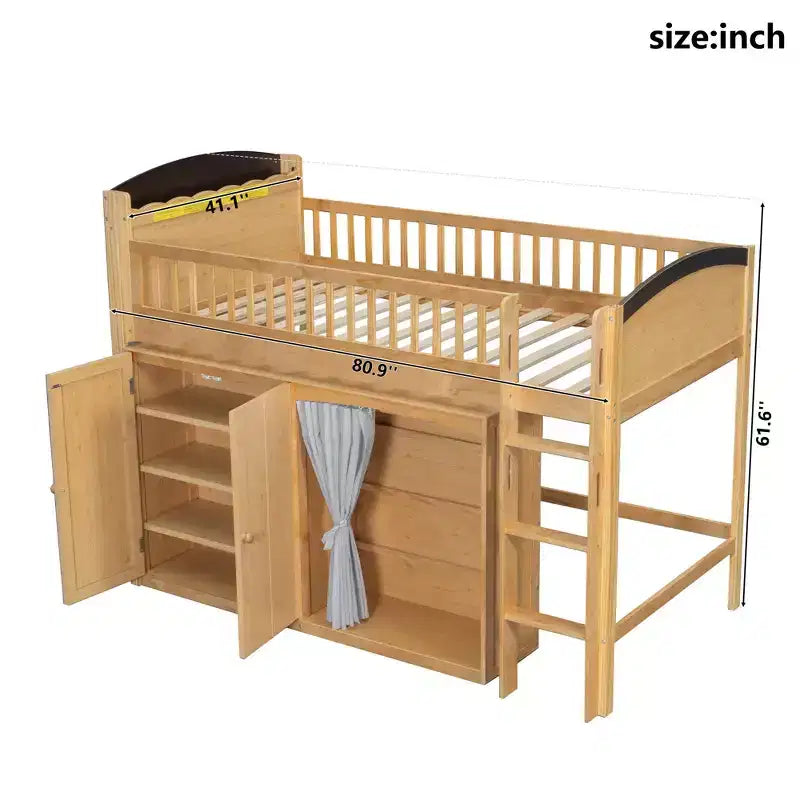 Full/Twin Loft Bed with LED Headboard, Wardrobe & Double-Door Storage Cabinet