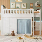 Full/Twin Loft Bed with LED Headboard, Wardrobe & Double-Door Storage Cabinet
