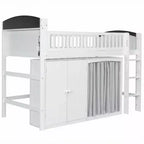 Full/Twin Loft Bed with LED Headboard, Wardrobe & Double-Door Storage Cabinet
