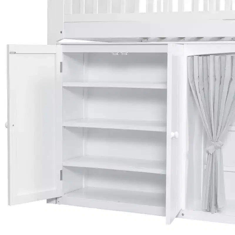 Full/Twin Loft Bed with LED Headboard, Wardrobe & Double-Door Storage Cabinet