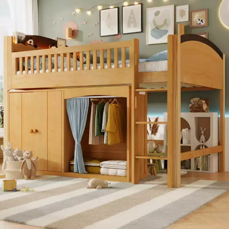 Full/Twin Loft Bed with LED Headboard, Wardrobe & Double-Door Storage Cabinet