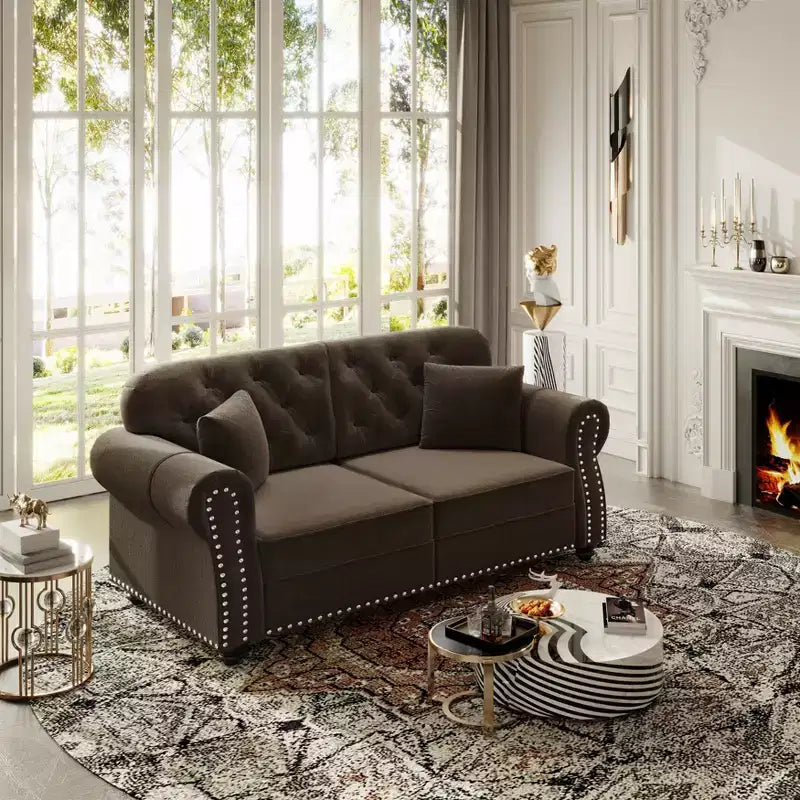 Eloise 63" Velvet Chesterfield Loveseat with Nailhead Trim & Rolled Arms