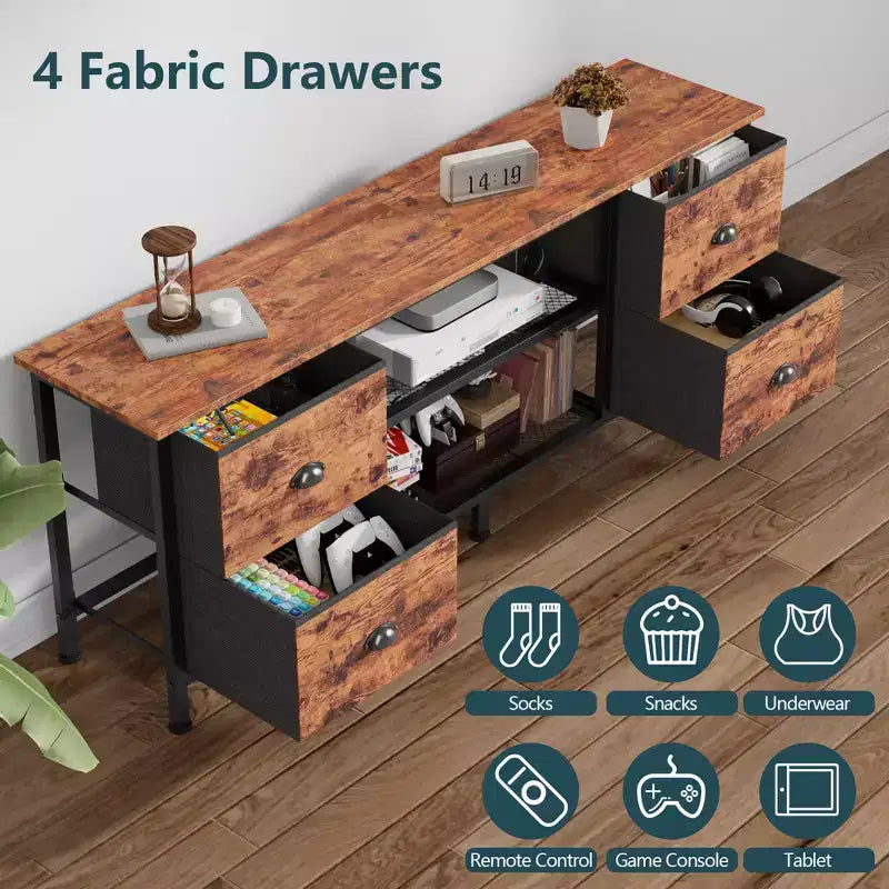 55 Inch Brown TV Stand Dresser for TVs up to 60 Inch 4 Drawers Media Console Entertainment Center Open Shelves Bedroom Living Room Storage