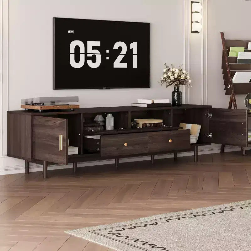 Modern 76 Wood TV Stand with Drawers and Rattan Storage Cabinet