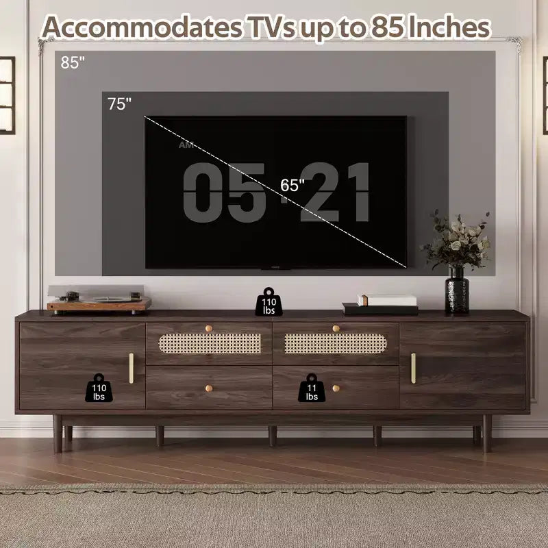 Modern 76 Wood TV Stand with Drawers and Rattan Storage Cabinet