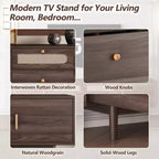 Modern 76 Wood TV Stand with Drawers and Rattan Storage Cabinet