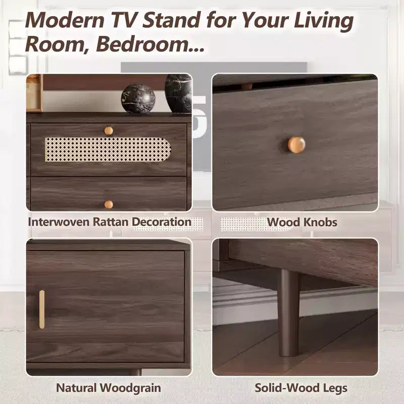 Modern 76 Wood TV Stand with Drawers and Rattan Storage Cabinet