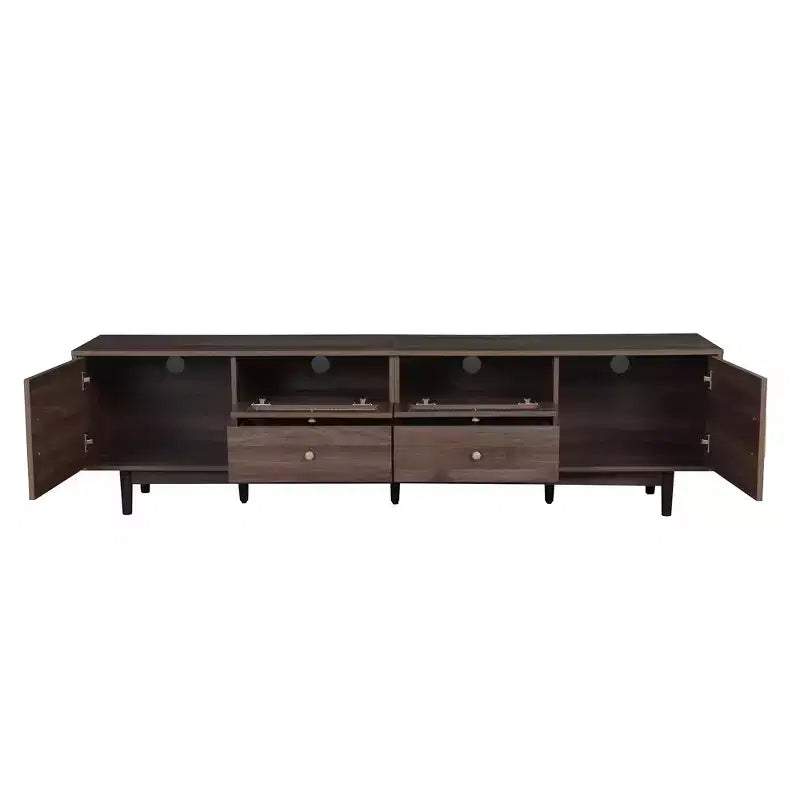 Modern 76 Wood TV Stand with Drawers and Rattan Storage Cabinet