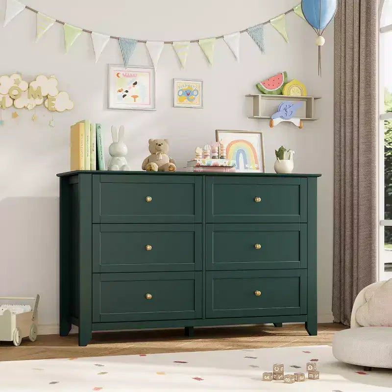 Large Modern Black 6-Drawer Wood Dresser, Deep Drawers & Metal Knobs for Bedroom, Entryway, Hallway