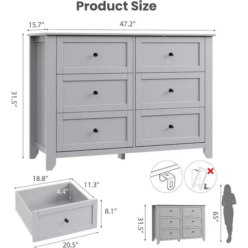 Large Modern Black 6-Drawer Wood Dresser, Deep Drawers & Metal Knobs for Bedroom, Entryway, Hallway