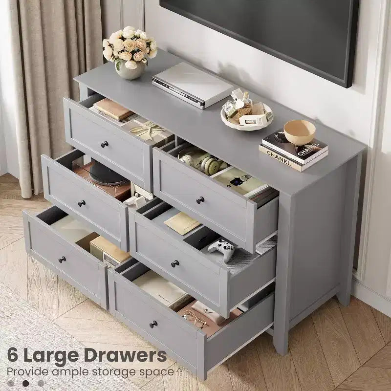 Large Modern Black 6-Drawer Wood Dresser, Deep Drawers & Metal Knobs for Bedroom, Entryway, Hallway