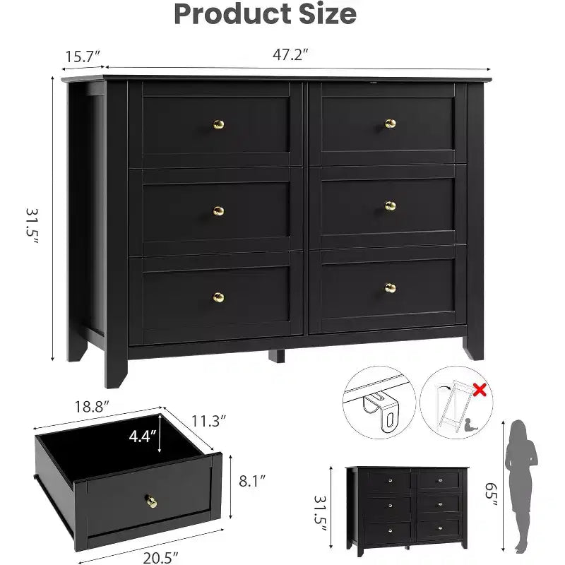 Large Modern Black 6-Drawer Wood Dresser, Deep Drawers & Metal Knobs for Bedroom, Entryway, Hallway