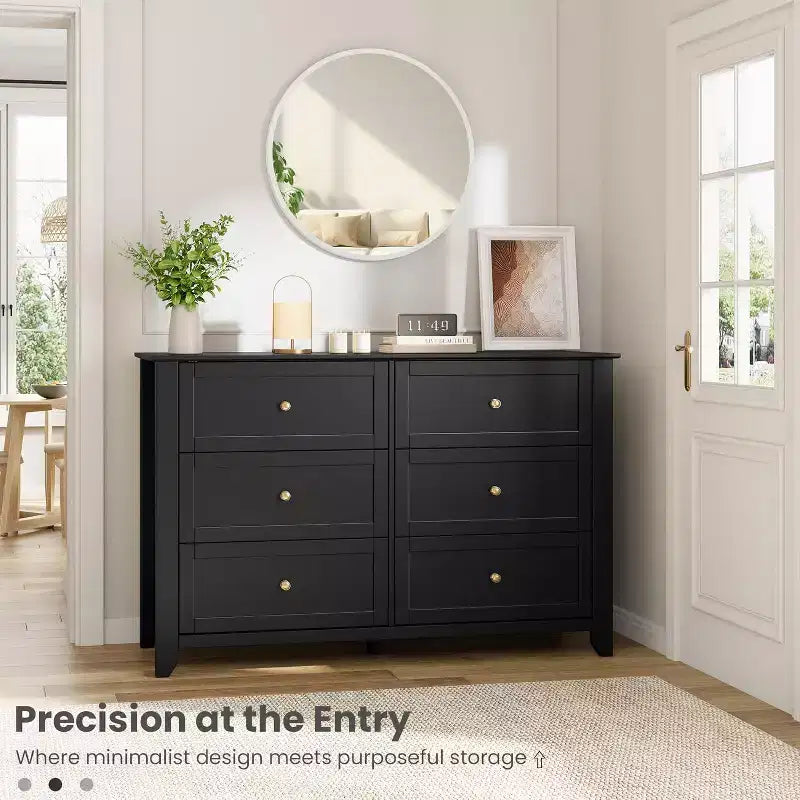 Large Modern Black 6-Drawer Wood Dresser, Deep Drawers & Metal Knobs for Bedroom, Entryway, Hallway