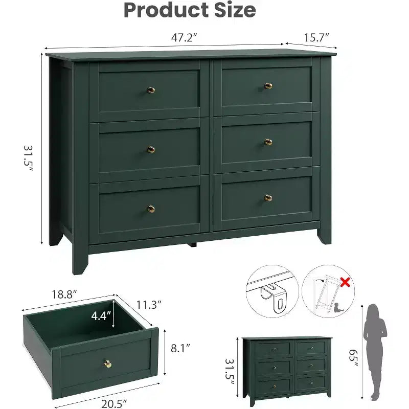 Large Modern Black 6-Drawer Wood Dresser, Deep Drawers & Metal Knobs for Bedroom, Entryway, Hallway