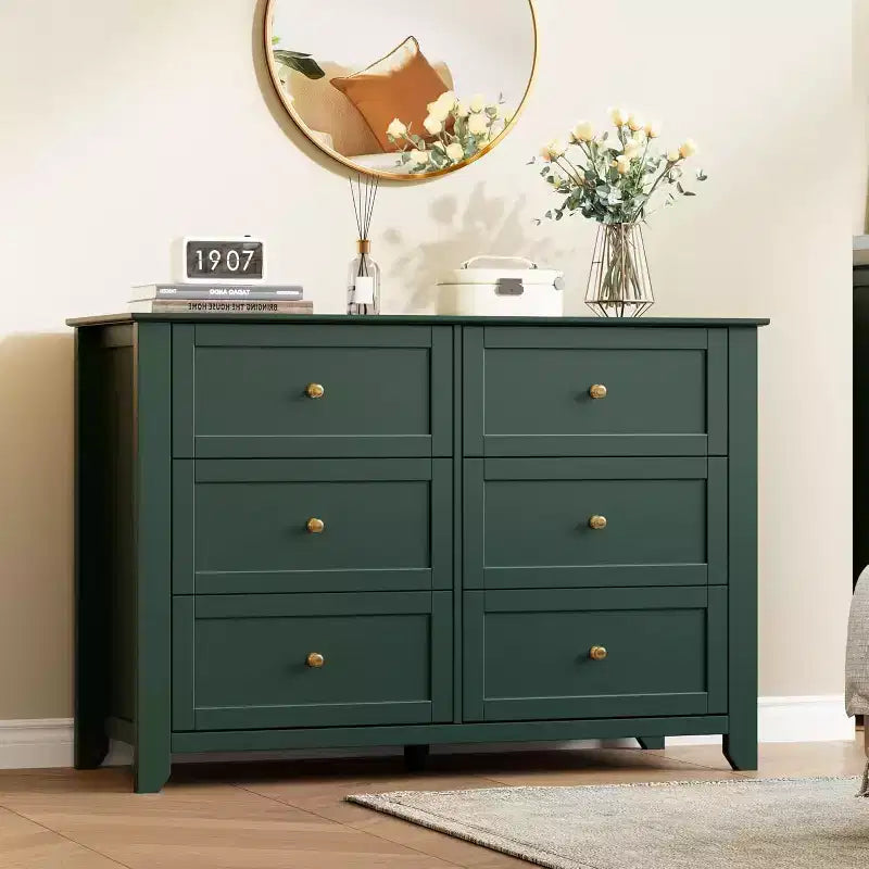 Large Modern Black 6-Drawer Wood Dresser, Deep Drawers & Metal Knobs for Bedroom, Entryway, Hallway