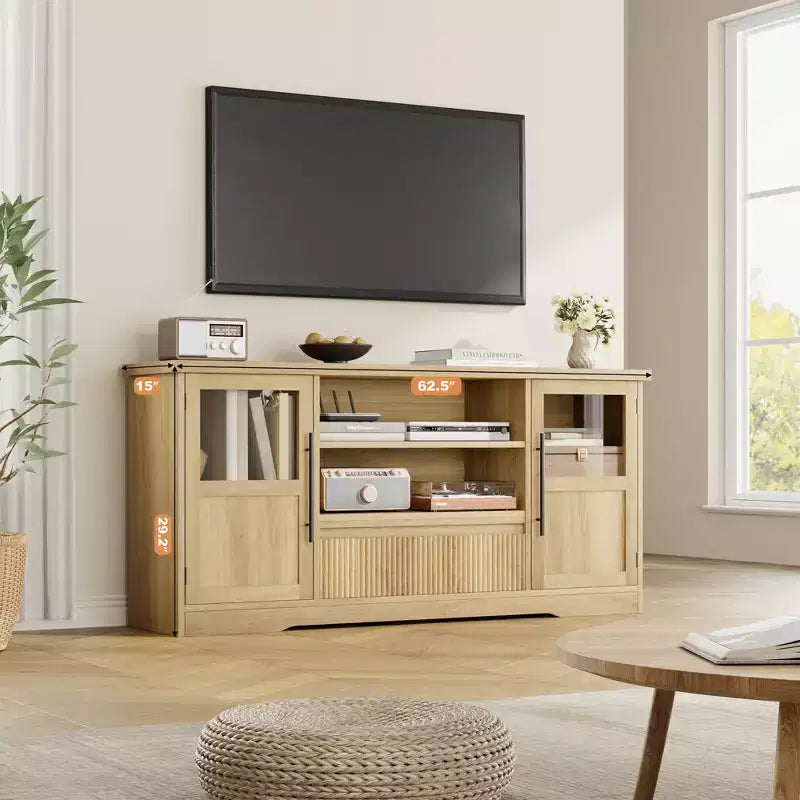 Farmhouse TV Stand - 72'' TV Fit, Wave Pattern, 2 Glass-Door Cabinets, 2 Open Storage, Entertainment Center for Living Room