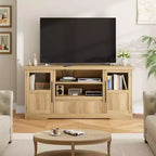 Farmhouse TV Stand - 72'' TV Fit, Wave Pattern, 2 Glass-Door Cabinets, 2 Open Storage, Entertainment Center for Living Room