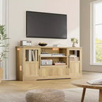 Farmhouse TV Stand - 72'' TV Fit, Wave Pattern, 2 Glass-Door Cabinets, 2 Open Storage, Entertainment Center for Living Room