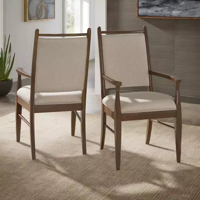 Wood Finish Beige Fabric Arm Chair
