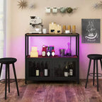 Coffee Bar Cabinet with LED Lights, Industrial Buffet Sideboard with Charging Station