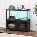 Coffee Bar Cabinet with LED Lights, Industrial Buffet Sideboard with Charging Station