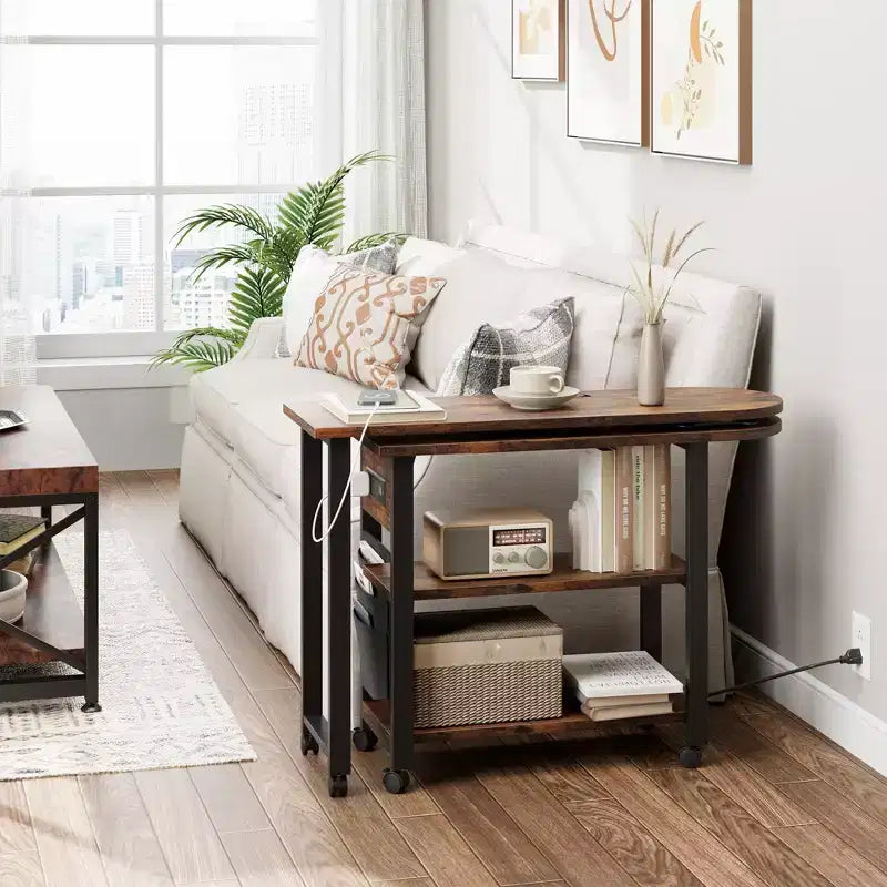 Swivel Side Table with Charging Station and Storage Bag, Rotating End Table with 6 Locking Wheels for Bedroom Living Room