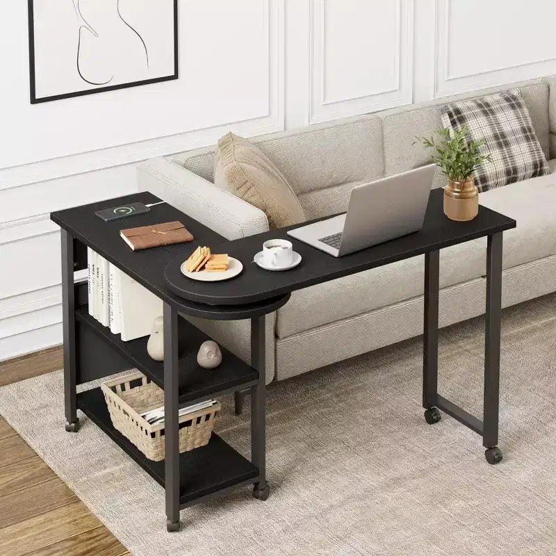 Swivel Side Table with Charging Station and Storage Bag, Rotating End Table with 6 Locking Wheels for Bedroom Living Room