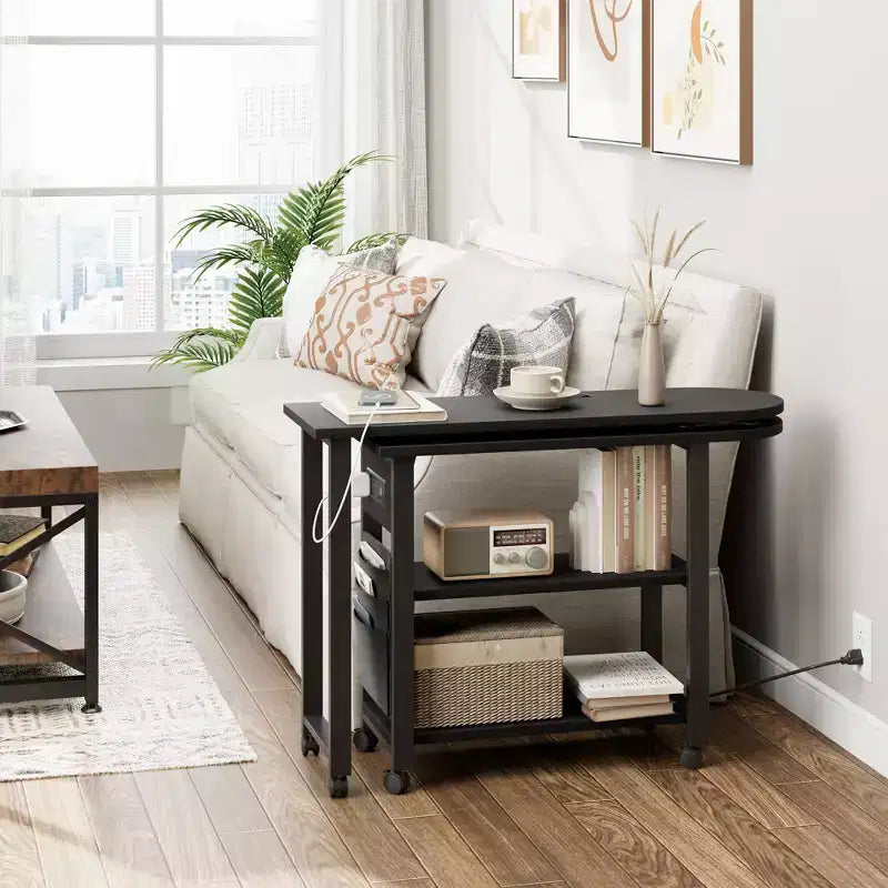 Swivel Side Table with Charging Station and Storage Bag, Rotating End Table with 6 Locking Wheels for Bedroom Living Room
